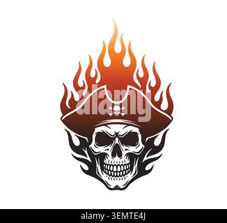 A stylized pirate skull wearing a tricorne hat surrounded by intense orange flames Stock Vector