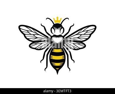 A high-contrast graphic illustration of a stylized queen bee wearing a small yellow crown Stock Vector