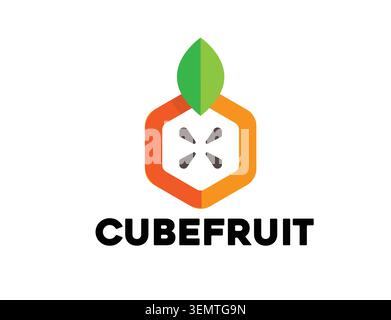 A creative logo design featuring a hexagonal fruit shape with a leaf on top, representing a modern food or produce brand Stock Vector