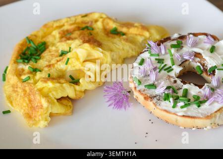Close up of a white plate with an omelette and bagel topped with cream cheese, garnished with fresh green chives and purple chive blossom flowers Stock Photo