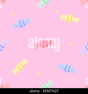 Cute pastel colorful candy seamless pattern background with striped sweets and yellow stars. Vector illustration on pink background for baby shower fa Stock Vector