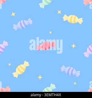 Cute pastel colorful candy seamless pattern background with striped sweets and yellow stars. Vector illustration on blue background for baby shower fa Stock Vector