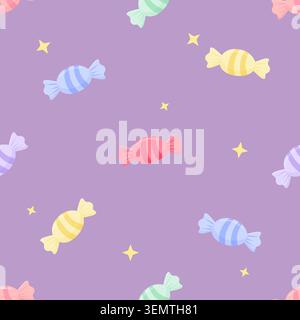 Cute pastel colorful candy seamless pattern background with striped sweets and yellow stars. Vector illustration on purple background for baby shower Stock Vector