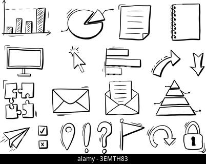 Hand drawn infographic and business doodle elements set bar chart pie graph envelope padlock, black line art Stock Vector