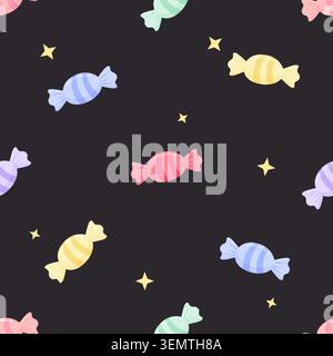 Cute pastel colorful candy seamless pattern background with striped sweets and yellow stars. Vector illustration on black background for baby shower f Stock Vector