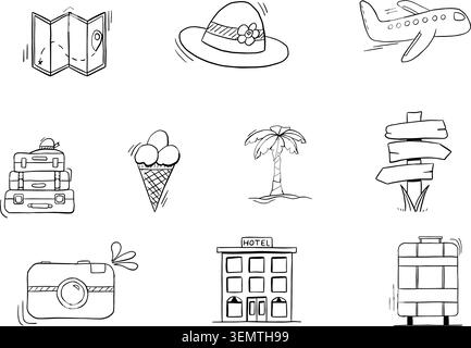 Hand drawn travel and summer vacation doodle elements set airplane suitcase map camera, black line art Stock Vector