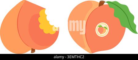 Peach vector set. Bitten fresh peach and whole peach with green leaf and circular label. Hand drawn flat style isolated. For stickers, menus, posters, food packaging, recipe blogs, organic branding. Stock Vector