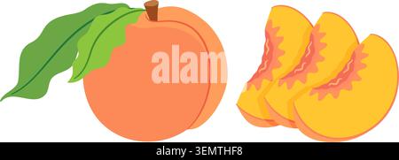 Whole ripe peach with green leaves and three cut fruit slices. Hand drawn trendy flat style isolated. For stickers, menu, poster, food packaging, recipe blogs, organic grocery branding, kitchen decor Stock Vector