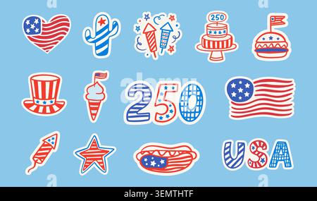 250 years of America, 4th of July USA sticker set Stock Vector