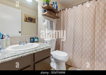 A compact residential bathroom features a granite countertop with a white sink, a large mirror, a wooden wall shelf, a toilet, and a patterned shower Stock Photo