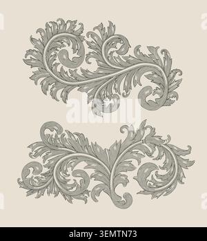 A collection of leaf floral ornament scroll frame, vintage engraving drawing style illustration Stock Vector