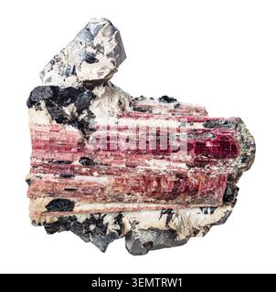 cluster of raw pink rubellite tourmaline crystals cutout on white background Stock Photo