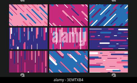 Dynamic vertical dash line background with bright pink, violet, and blue tones. Ideal for motion graphics, web themes, and digital media. Stock Vector