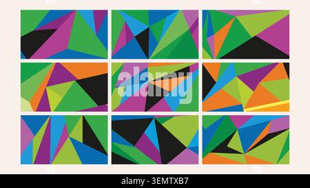 Bold triangular shards in dynamic compositions with vivid colors like green, purple, orange, and blue. Great for edgy digital visuals, posters, and creative design assets. Stock Vector