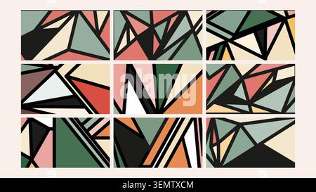 Retro-inspired angular mosaic design with soft green, salmon, beige, and black tones. Ideal for abstract visuals, creative branding, and contemporary digital compositions. Stock Vector