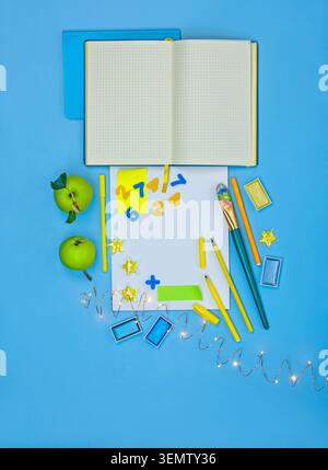 Top view flat lay that illustrates the back to school concept. Back to school education and learning concept. Top view with copy space. Stock Photo