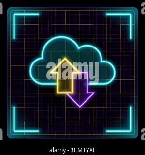 Upload download cloud icon, data transfer, online storage, network synchronization symbol. Futuristic tech glowing neon illustration, editable strokes Stock Vector