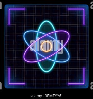 Atom science icon, nuclear physics. Three electrons rotate in orbits around the atomic nucleus. Futuristic tech neon illustration, editable strokes. Stock Vector