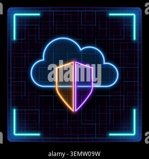 Cloud security icon, shield protection, computing safety, cybersecurity logo. Glowing neon icon with border grid, editable strokes graphic style. Stock Vector