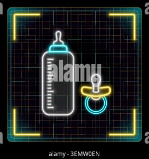 Baby bottle and pacifier icon. Cyber neon futuristic icon collection, editable strokes graphic style. Stock Vector