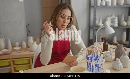 Woman potter writes in notebook with pen at ceramics studio among unglazed vases, tool jars, and paintbrushes on wooden table; quiet focus. Stock Photo