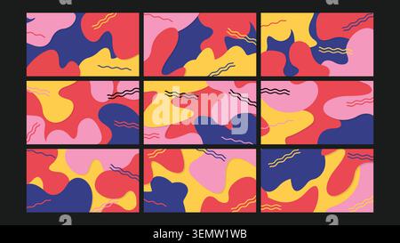 Bright abstract squiggle-style background with vivid red, yellow, and navy colors. Features playful movement and wavy elements for a bold visual impact. Stock Vector
