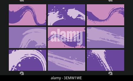Dynamic brushstroke designs in purple tones with bold sweeping motion and splash effects. Ideal for expressive, artistic, and creative design work. Stock Vector