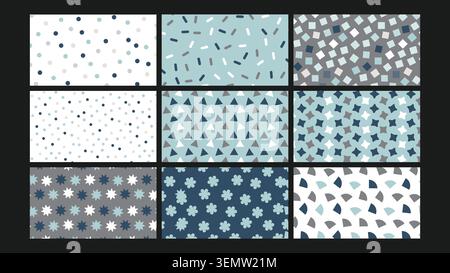 Soft blue, gray, and white geometric visuals featuring dots, stars, triangles, and simple icons in modern clean compositions. Great for neutral decor and branding visuals. Stock Vector