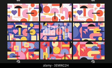 Fun and colorful abstract background filled with hearts, circles, squares, and geometric elements in a flat modern style. Great for playful design. Stock Vector