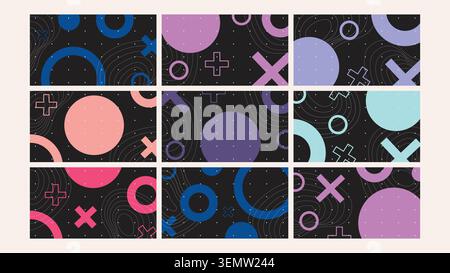 Black background with colorful Memphis-style geometric elements and wavy topographic lines. Great for tech visuals, events, and digital posters. Stock Vector