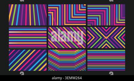 Eye-catching neon optical stripes radiating from the center in vivid pink, green, blue, and yellow. Great for posters, digital art, and music visuals. Stock Vector