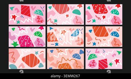 Fun candy-inspired abstract visuals with bold shapes and playful zigzags. Perfect for party decor, children's projects, and joyful creative compositions. Stock Vector