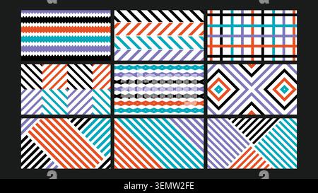 Bold diagonal stripes and zigzag compositions in geometric layouts with vibrant colors create an energetic and modern backdrop for tech visuals, flyers, and branding elements. Stock Vector