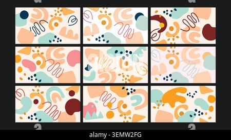 A fresh and modern abstract background filled with soft colorful shapes, squiggles, and dynamic elements in Memphis-inspired style. Great for creative visuals and branding. Stock Vector