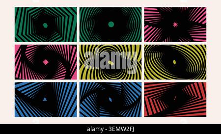 Bold neon swirl and stripe compositions over black background with hypnotic forms. Great for music visuals, posters, album designs, and modern eye catching graphics. Stock Vector