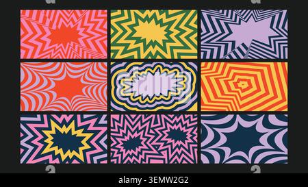Comic-inspired abstract bursts with strong lines and vivid color explosions. Ideal for dynamic poster art, kids designs, energetic branding, and fun editorial layouts. Stock Vector