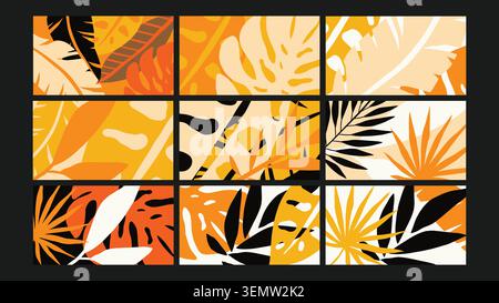 Bold tropical leaves and vibrant silhouettes in orange and black hues create a dynamic jungle-inspired abstract background perfect for summer design, packaging, and digital use. Stock Vector
