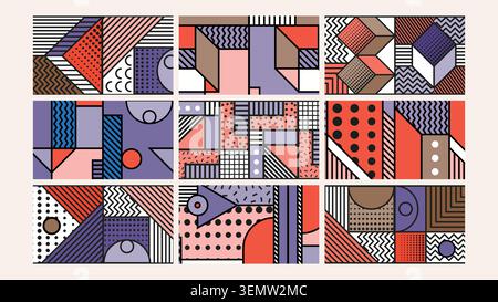 Abstract geometric collage with vibrant retro tones and bold lines. Ideal for web design, posters, packaging, and creative projects looking for a playful, vintage-inspired visual. Stock Vector