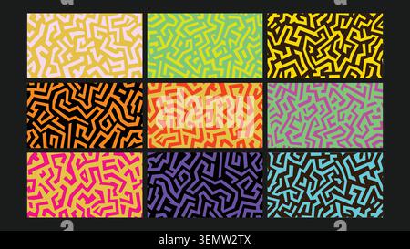Energetic background with vibrant neon maze-style lines on black. Perfect for youth visuals, energetic posters, and pop designs. Stock Vector