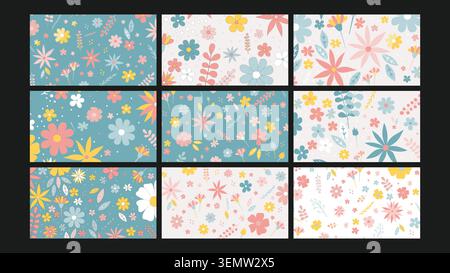 Soft and delicate floral compositions in pastel tones with white and teal backgrounds. Ideal for spring designs, packaging, fabric, and nature-inspired branding visuals. Stock Vector