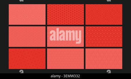 A cohesive collection of red geometric visuals with subtle linear textures and shapes. Designed for branding, digital decor, packaging, web visuals, and modern graphic projects. Stock Vector