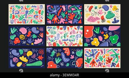 A joyful mix of freeform doodles in vibrant colors with cute shapes, hand-drawn lines, and quirky compositions. Perfect for kids branding, decor, and creative visuals. Stock Vector