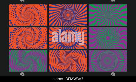 Twisted spiral illusions in purple, orange, and green create energetic visuals for retro-style branding, posters, music designs, and creative digital compositions. Stock Vector