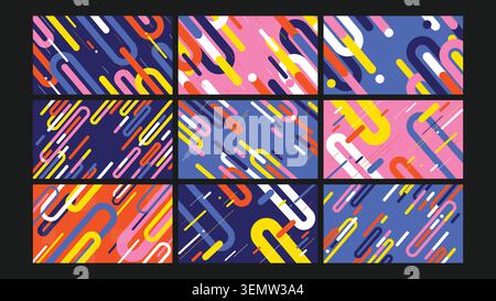 Flowing tube and dash-style lines in bright tones over dark and pink backdrops. Ideal for motion graphics, banners, dynamic brand visuals, and vibrant tech-style backgrounds. Stock Vector