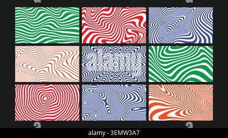 Psychedelic wavy line visuals in red, blue, green, and orange tones create an energetic optical illusion effect perfect for posters, album covers and bold digital artworks. Stock Vector