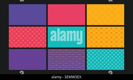 Bold and playful grid designs in purple, magenta, teal, and yellow tones with diagonal and lattice layouts. Perfect for modern branding, web visuals, and packaging design. Stock Vector