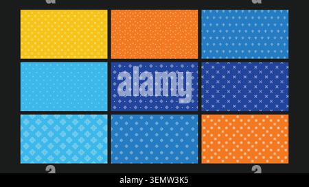 A vibrant set of small-scale geometric motifs in bold blue, orange, and yellow tones. Perfect for kids' projects, branding, packaging, and modern visual compositions. Stock Vector