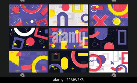 Vivid Memphis-style abstract visuals with circles, triangles, and lines in bold purple, red, and yellow tones. Ideal for creative projects, branding, and kids designs. Stock Vector