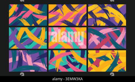 Hand-drawn brush strokes in vivid colors overlap to form an expressive and energetic abstract background. Ideal for art projects and web visuals. Stock Vector