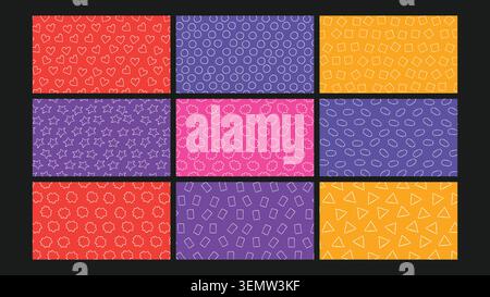Vibrant backgrounds filled with hand drawn style icons like stars, hearts, circles, and rectangles in energetic colors. Ideal for kids designs, packaging, and fun branding. Stock Vector